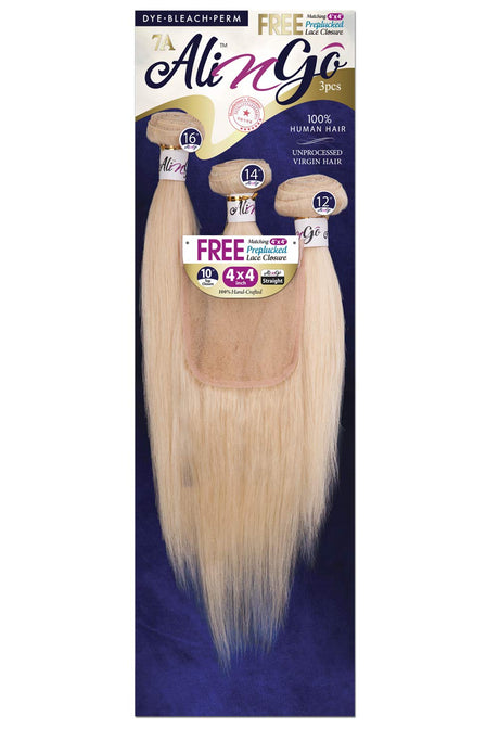 Ali N Go 7A 100% Unprocessed Virgin Human Hair 3PCS Bundle w/ 4x4 Lace Closure - STRAIGHT 12"+14"+16" (613)