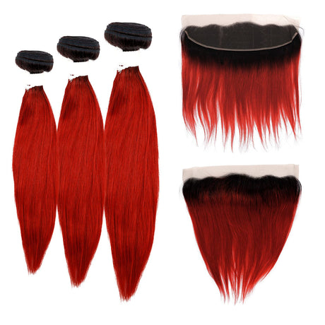 Ali Bundles Unprocessed Brazilian Virgin Human Hair Weave Color Bundles Straight 3Pcs + 13X4 Closure (#OTN/RED) ([16"+18"+20" with12"], OTN/RED)
